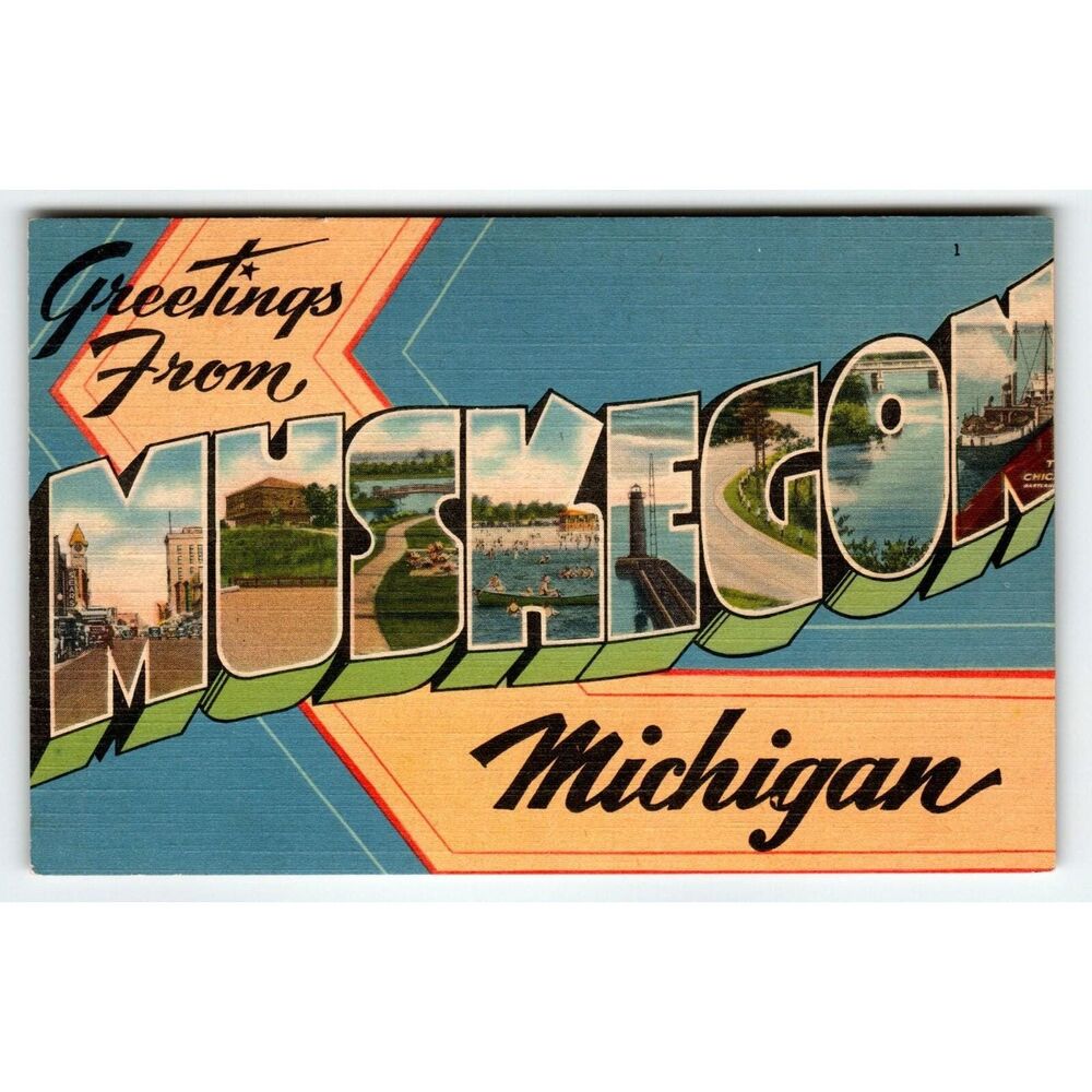Greetings From Muskegon Michigan Large Big Letter Postcard Linen Unused Tichnor